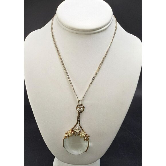 Vintage Gold-Tone Magnifying Glass Pendant Sterling Silver Necklace HS224 - Picture 5 of 11